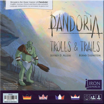 Pandoria Trolls Trails board game cover featuring a green-skinned troll holding a club