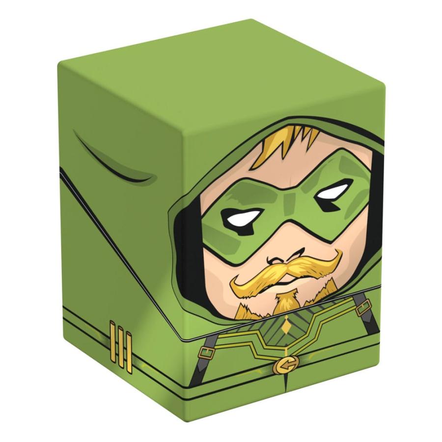 Green cube storage box featuring a stylized Green Arrow illustration with mask, hood, and prominent mustache