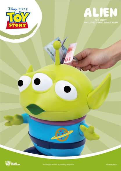 Toy Story Alien Vinyl Piggy Bank Series Alien in green and blue with three eyes and a purple collar receiving money into slot