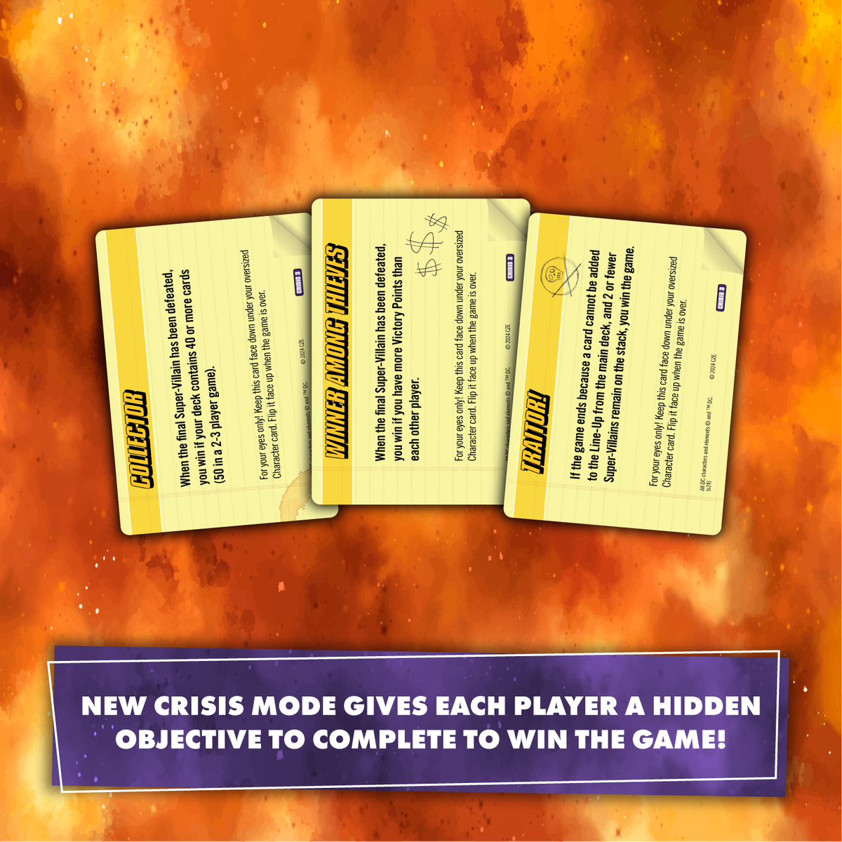 Three yellow game cards with &quot;Collector,&quot; &quot;Winner Among Thieves,&quot; and &quot;Traitor!&quot; display new &quot;Crisis Mode&quot; objectives