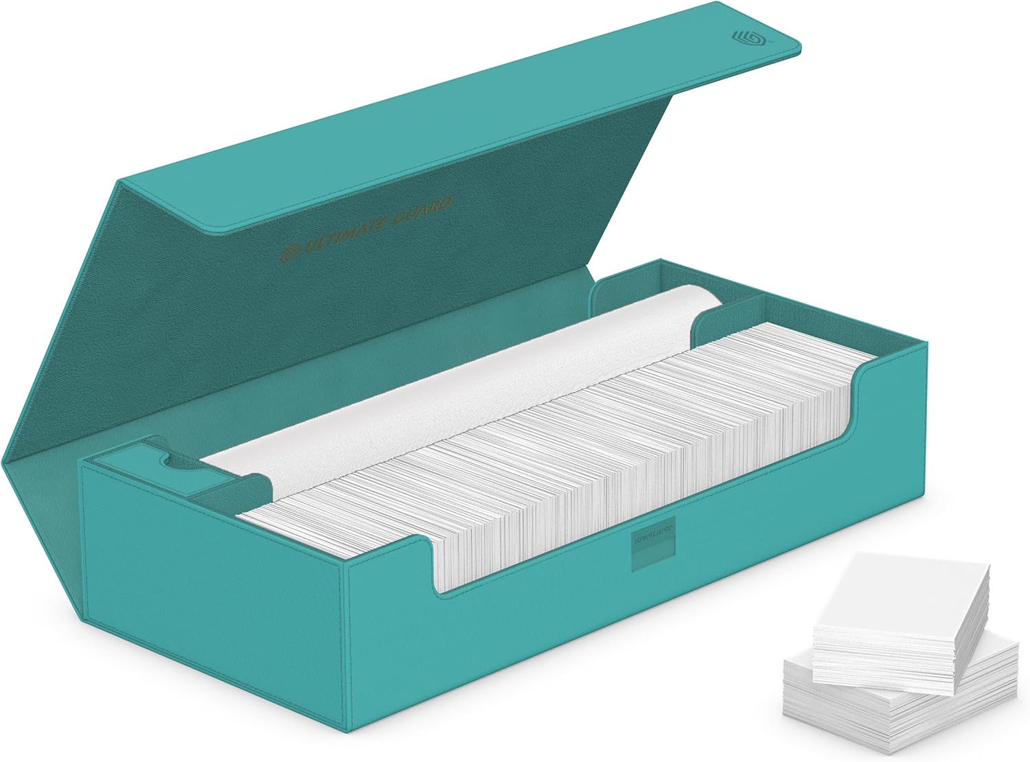 Open teal magnetic card storage box loaded with white trading cards