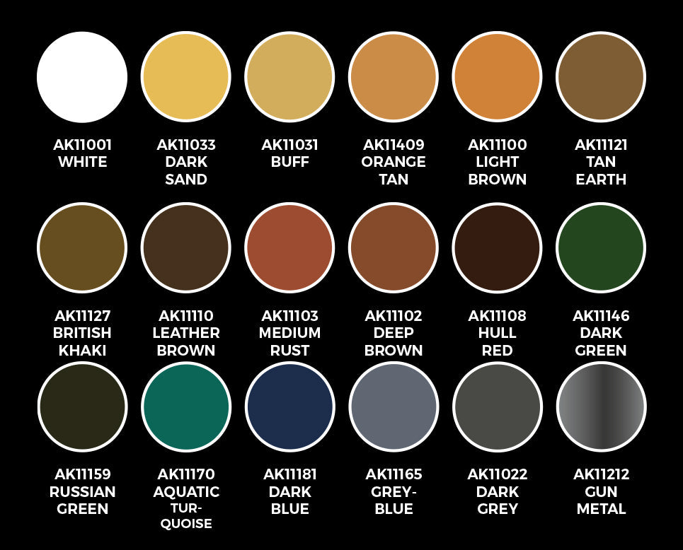 A chart showing 18 paint color swatches, each with a code and descriptive name