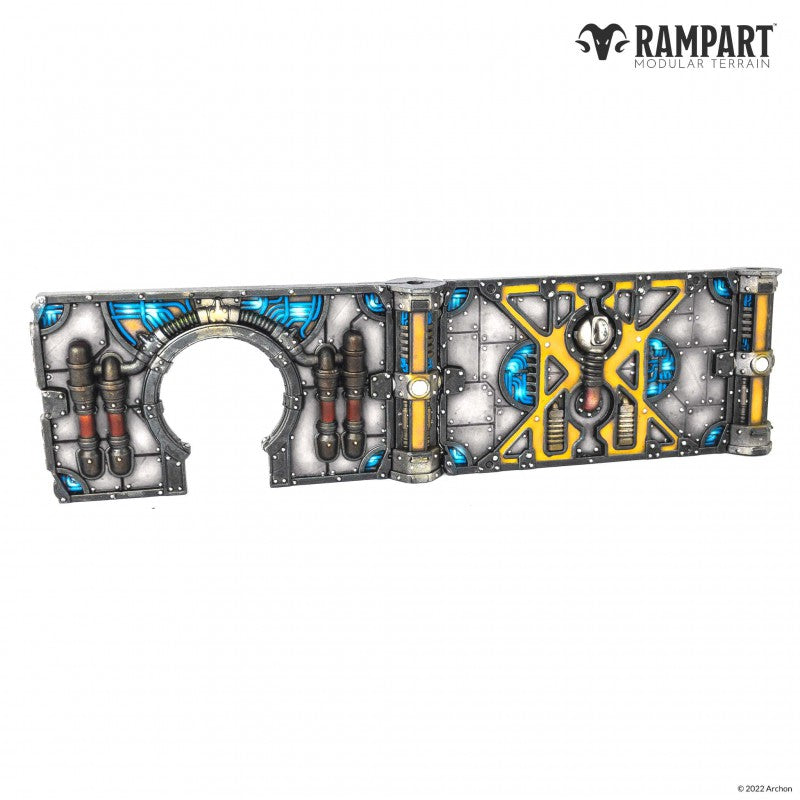 A grey sci-fi modular terrain wall with an arched doorway, yellow support beams, and glowing blue energy conduits
