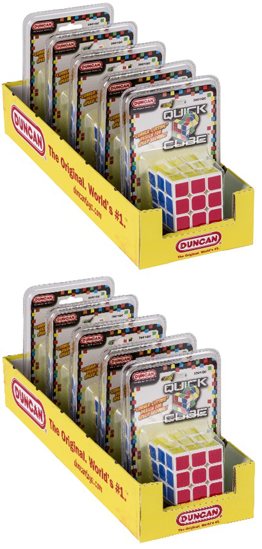 Six Duncan Quick Cubes in packaging displayed in a yellow retail box
