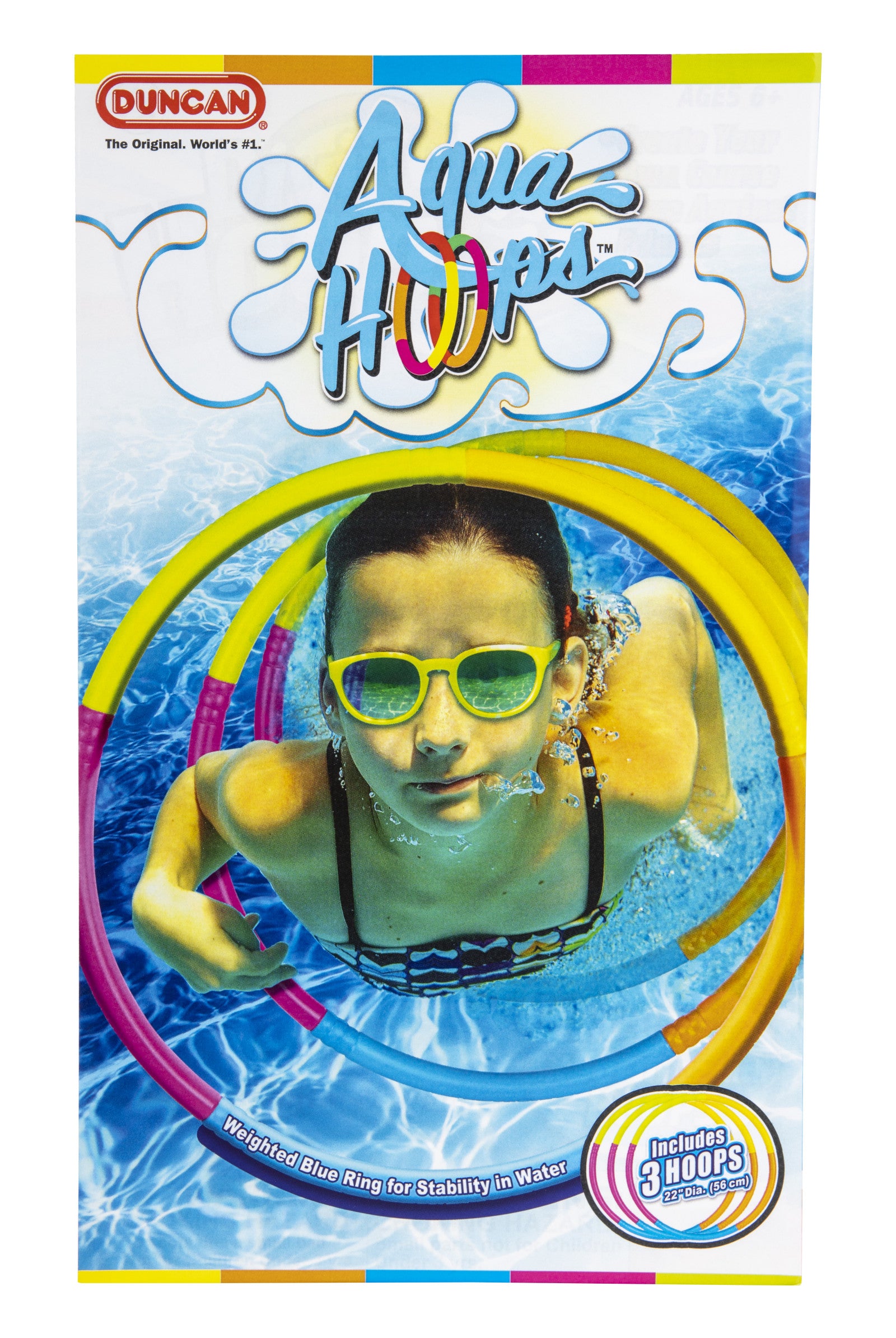 Girl swimming through the Duncan 22-inch diameter Aqua Hoops