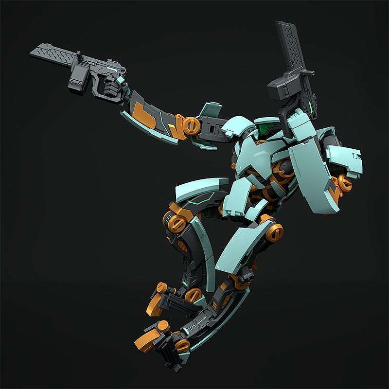 Action pose of a pale blue and orange robot holding two rifles against a black background