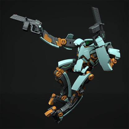 Action pose of a pale blue and orange robot holding two rifles against a black background