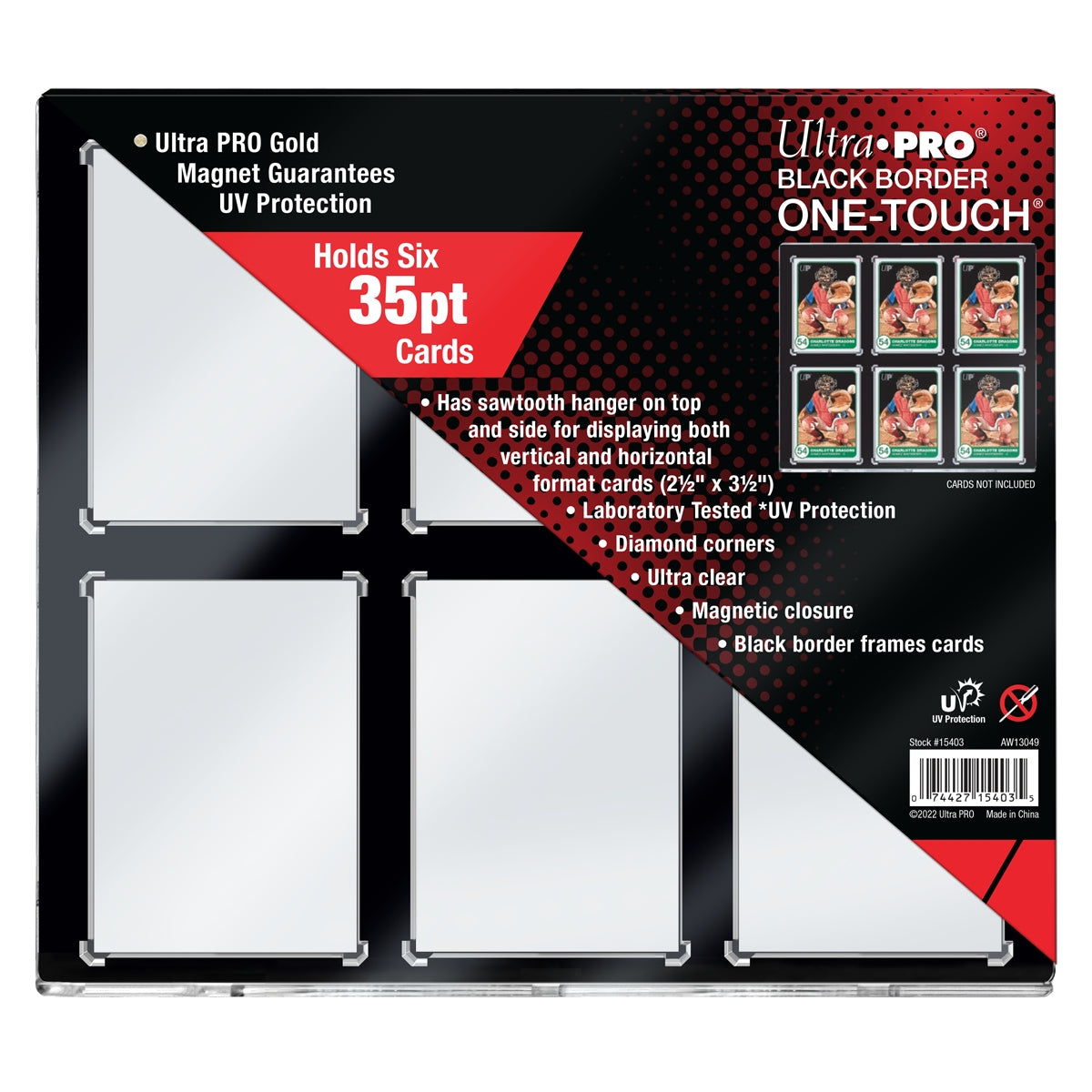 Ultra Pro One Touch - Black Border 35pt 6 X Card Pack packaging displaying six clear card holders with black borders on a black background and product features