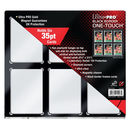 Ultra Pro One Touch - Black Border 35pt 6 X Card Pack packaging displaying six clear card holders with black borders on a black background and product features