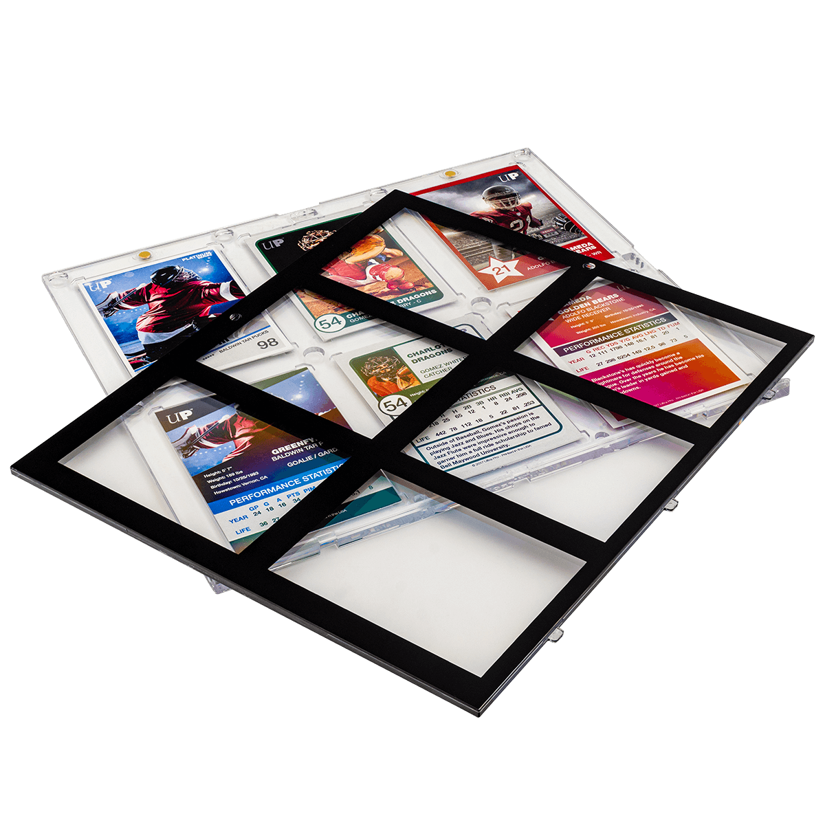 A clear 6-card holder with a black border displays various sports trading cards in its compartments