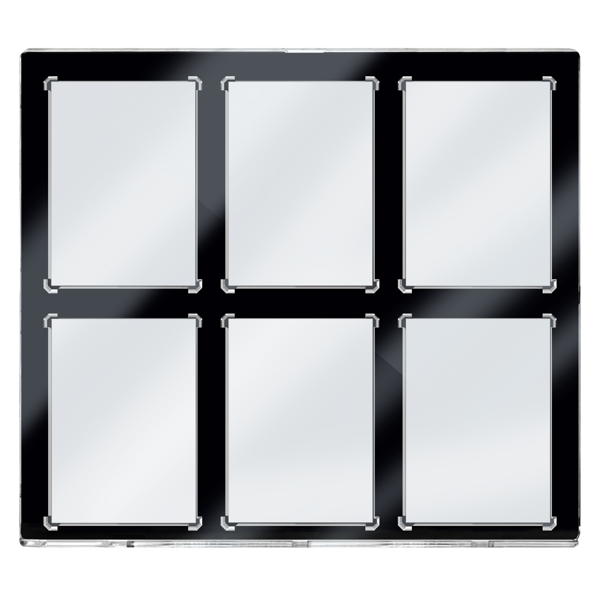 A black-bordered Ultra Pro One Touch card display featuring six empty gray card slots with metallic corner protectors