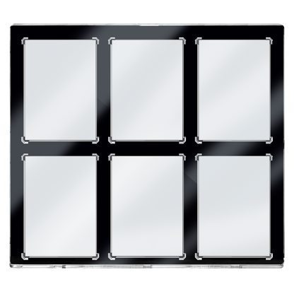 A black-bordered Ultra Pro One Touch card display featuring six empty gray card slots with metallic corner protectors