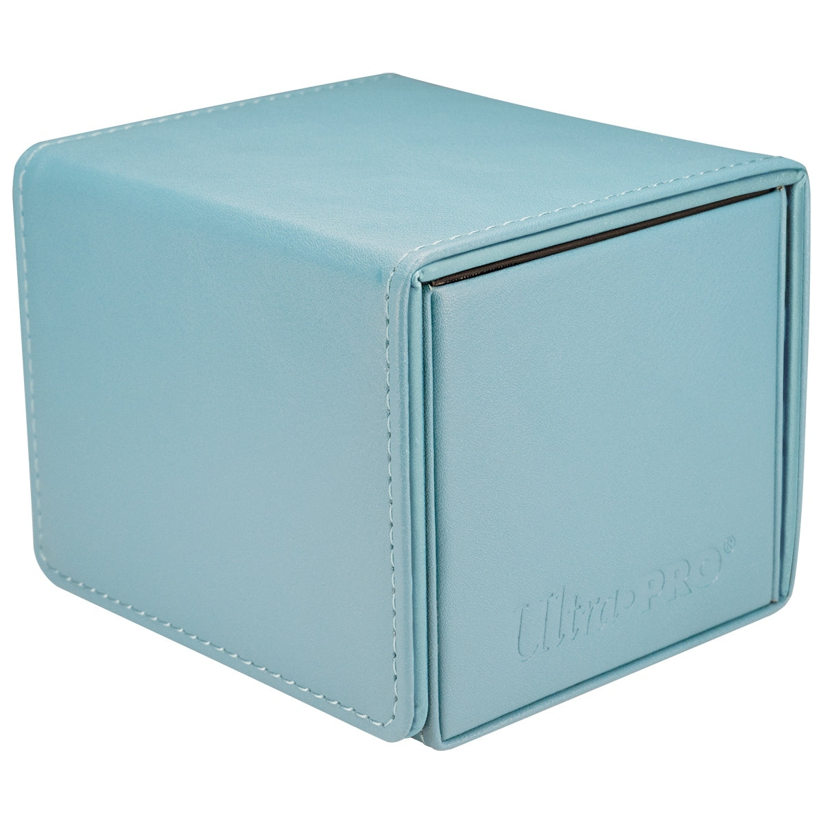The cube-shaped Ultra Pro Vivid Alcove Edge deck box in light blue faux leather features contrasting white perimeter stitching and an embossed Ultra Pro logo