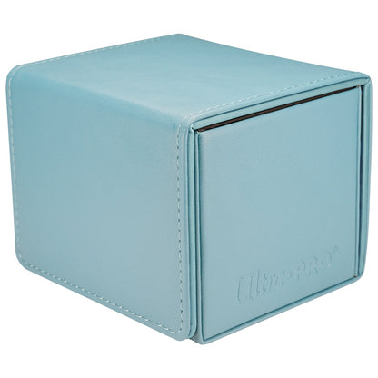 The cube-shaped Ultra Pro Vivid Alcove Edge deck box in light blue faux leather features contrasting white perimeter stitching and an embossed Ultra Pro logo