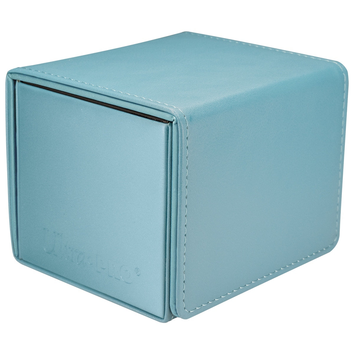 The Ultra Pro Vivid Alcove Edge deck box in light blue faux leather features white stitching and an embossed logo on the magnetic closure flap
