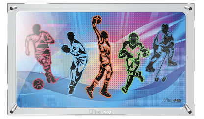 A clear acrylic Ultra Pro Premier Playmat Display showcasing colorful silhouettes of five athletes from different sports on a vibrant abstract background