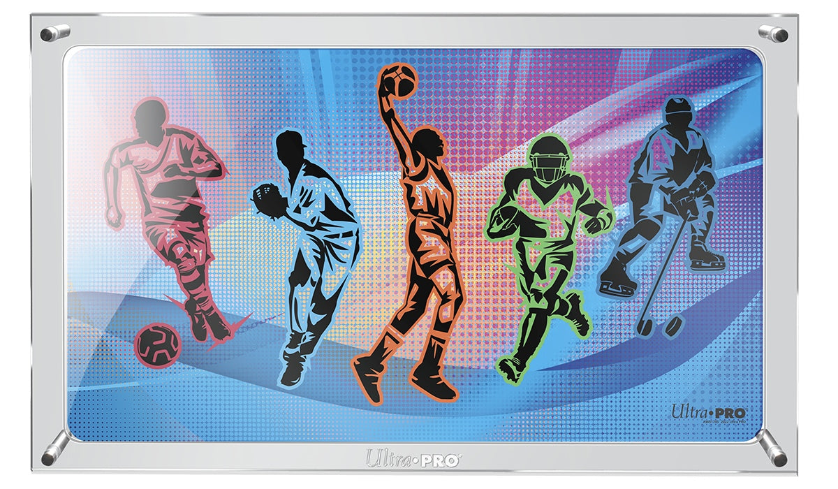 A clear acrylic Ultra Pro Premier Playmat Display showcasing colorful silhouettes of five athletes from different sports on a vibrant abstract background