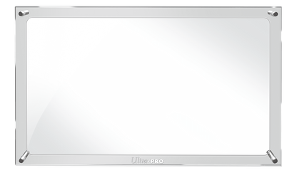 A clear acrylic Premier Playmat Display case with four silver posts holding the rectangular frame together