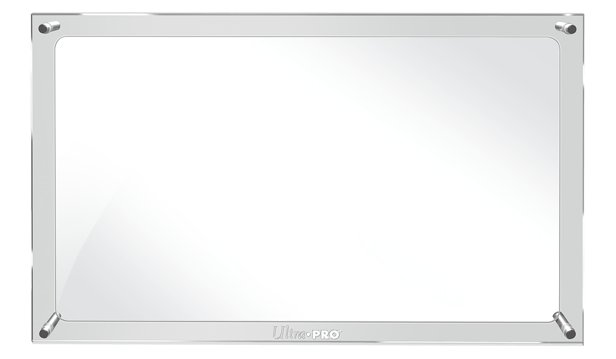 A clear acrylic Premier Playmat Display case with four silver posts holding the rectangular frame together