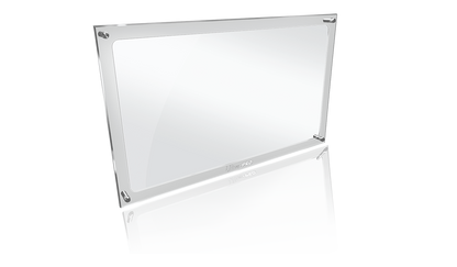 A clear acrylic Premier Playmat Display stand with silver hardware and a sturdy base