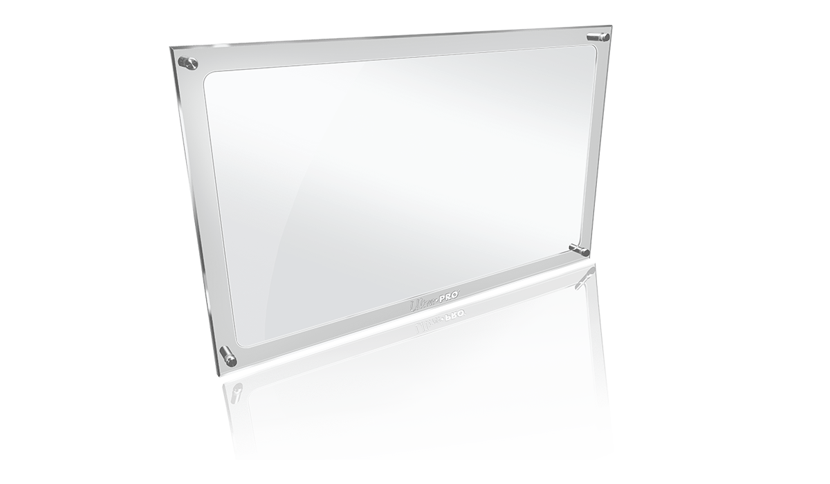 A clear acrylic Premier Playmat Display stand with silver hardware and a sturdy base