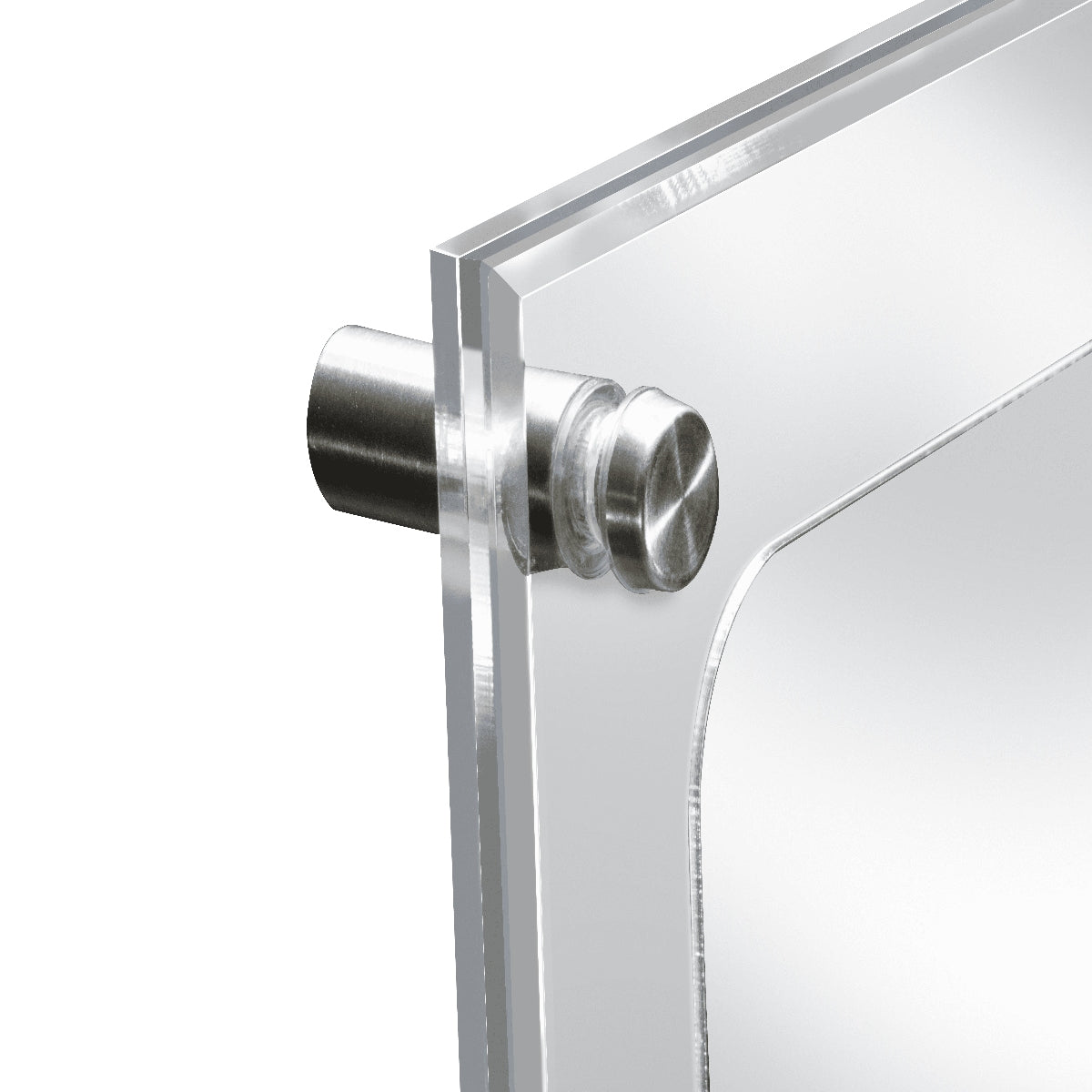 Close-up of the clear acrylic panels and silver stand-off mount of an Ultra Pro UP16220 Premier Playmat Display