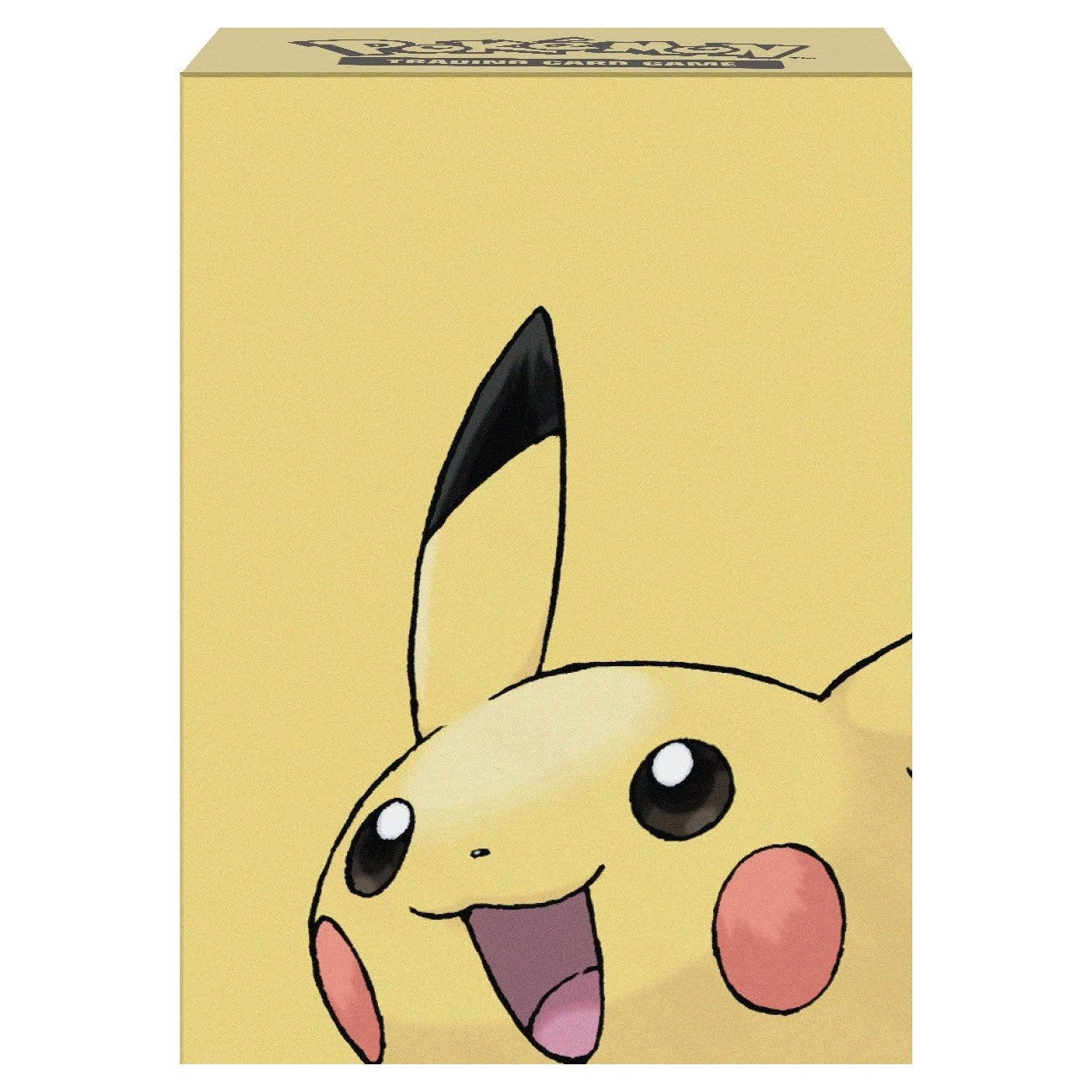 A yellow deck box featuring a smiling Pikachu character partially visible, peeking up from the bottom