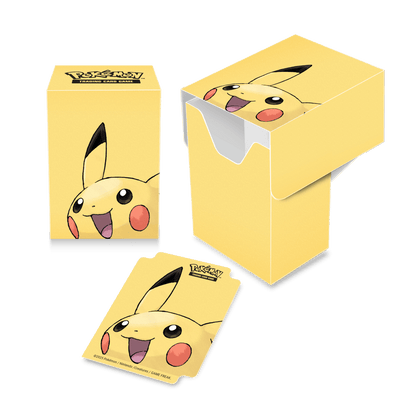 Three yellow Pikachu trading card deck boxes are displayed, one closed, one open, and one unfolded