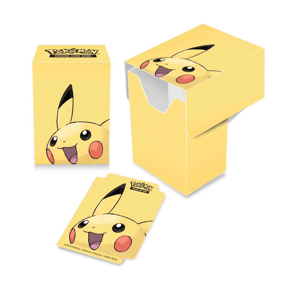 Three yellow Pikachu trading card deck boxes are displayed, one closed, one open, and one unfolded