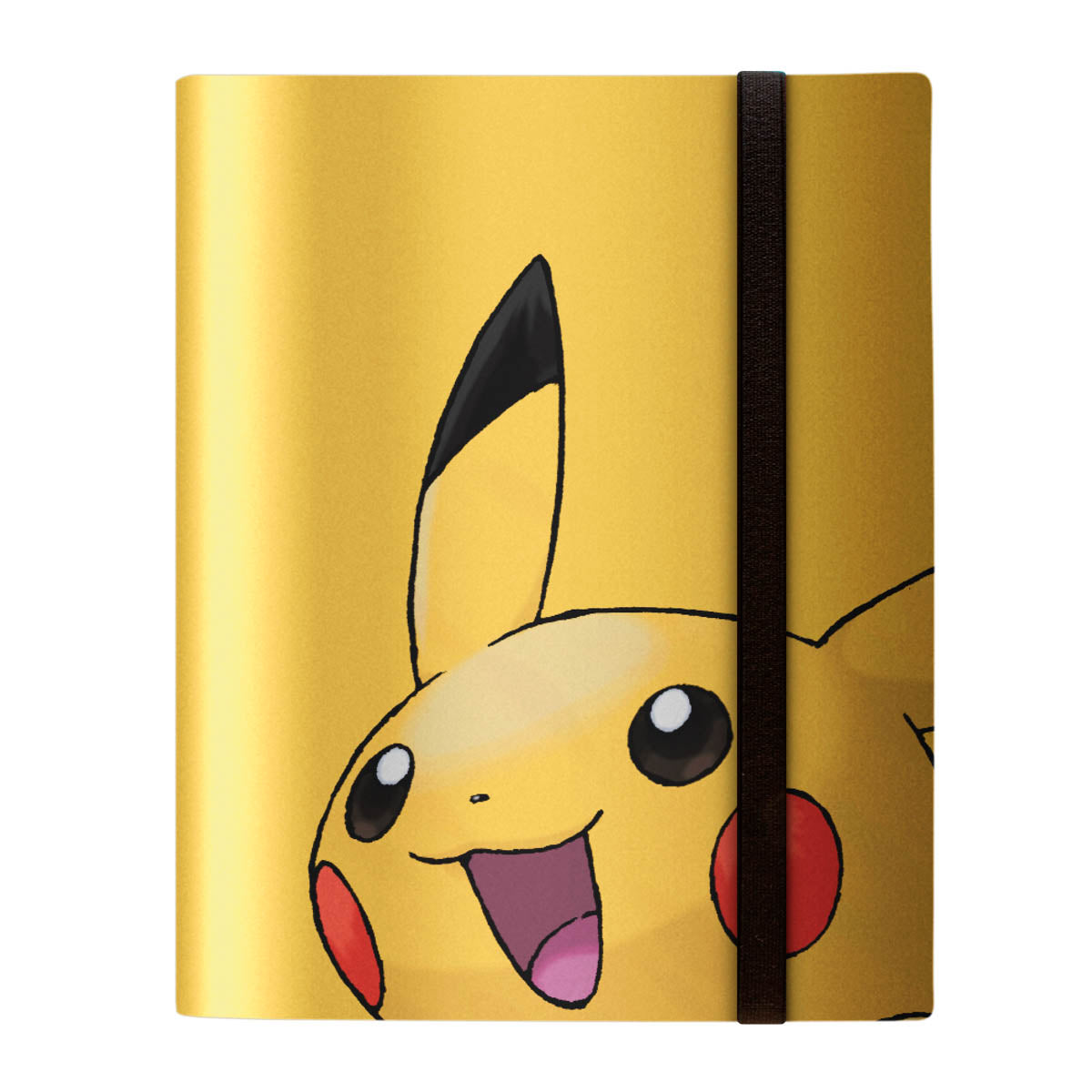 Pokemon Pikachu PRO Binder featuring a close-up of Pikachu's smiling face with an open mouth, red cheeks, and a black elastic strap