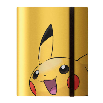 Pokemon Pikachu PRO Binder featuring a close-up of Pikachu's smiling face with an open mouth, red cheeks, and a black elastic strap
