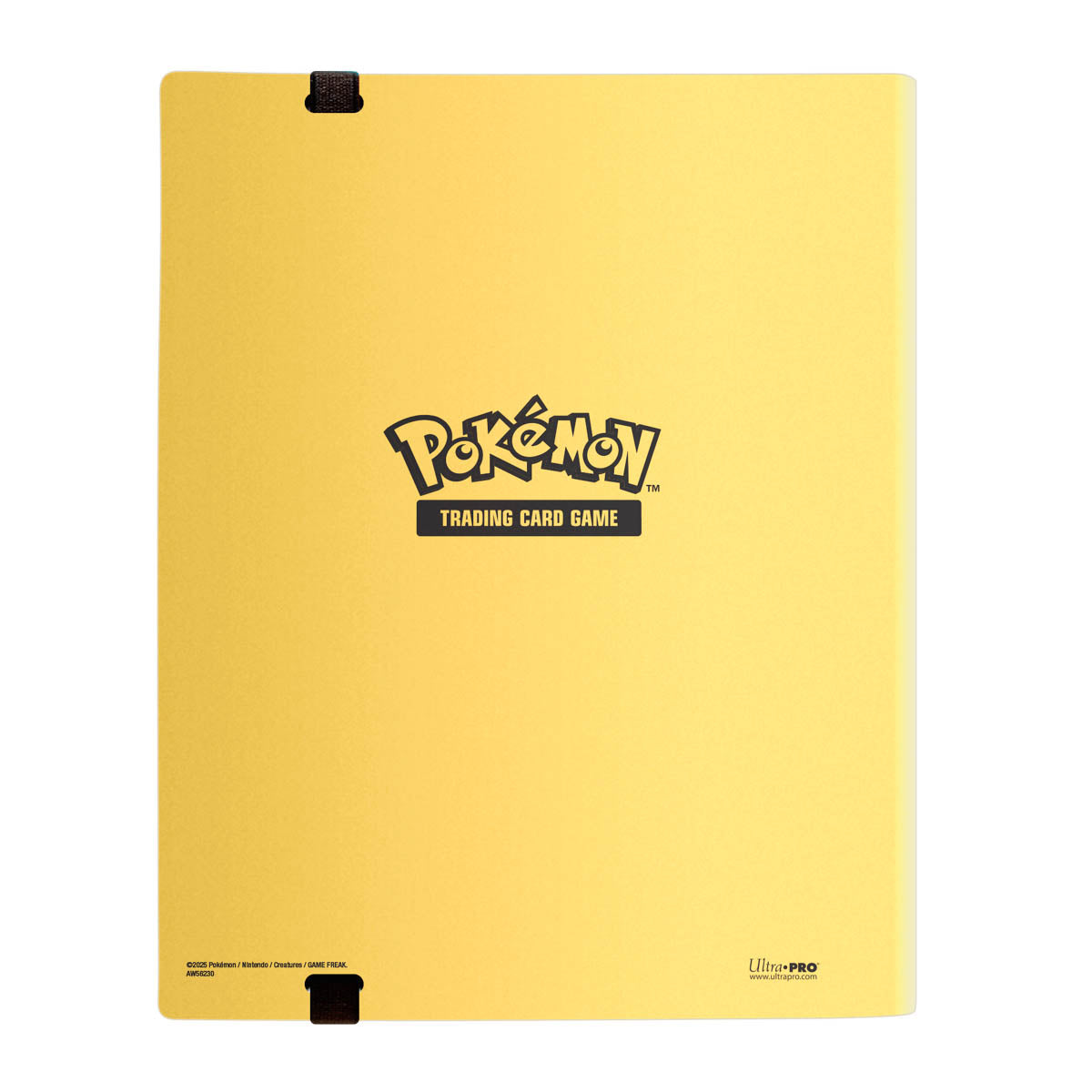 A yellow binder with black elastic straps and Pokémon TRADING CARD GAME lettering