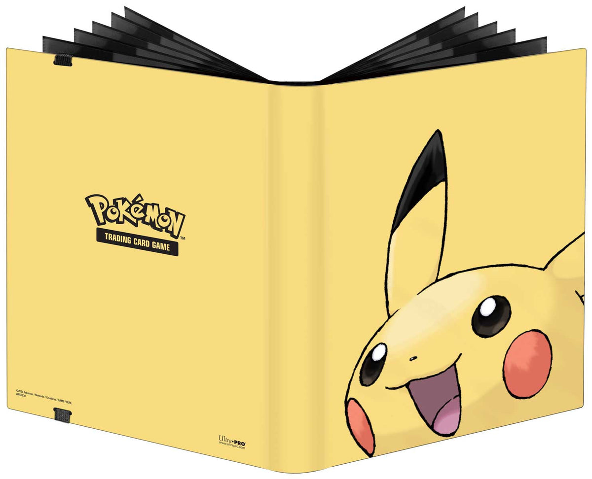 A yellow Pikachu binder shows its black pages slightly fanned open, with a smiling Pikachu face on the cover