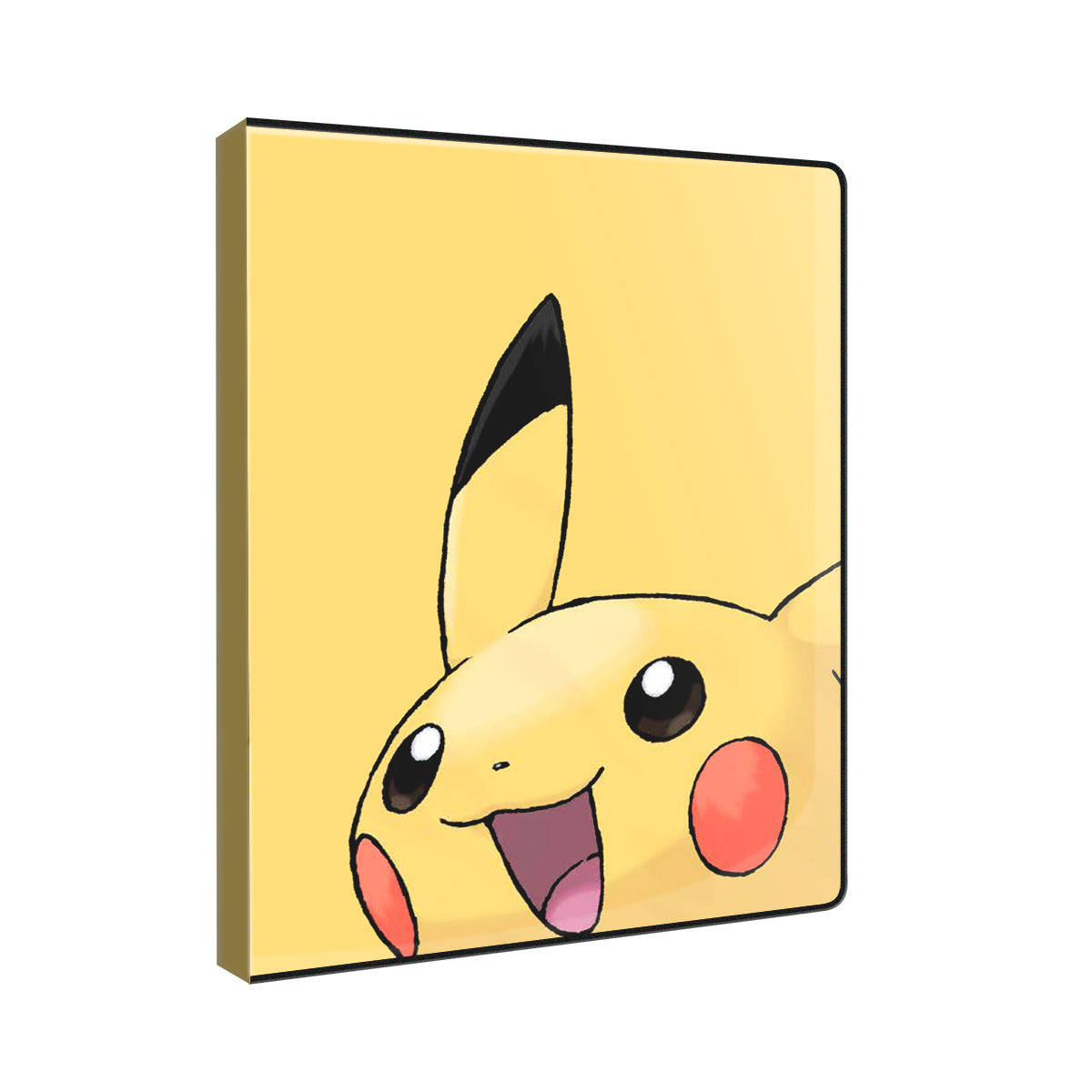 A yellow Pokemon Pikachu Portfolio 9 Pocket features Pikachu's smiling face peeking from the bottom with one ear visible above