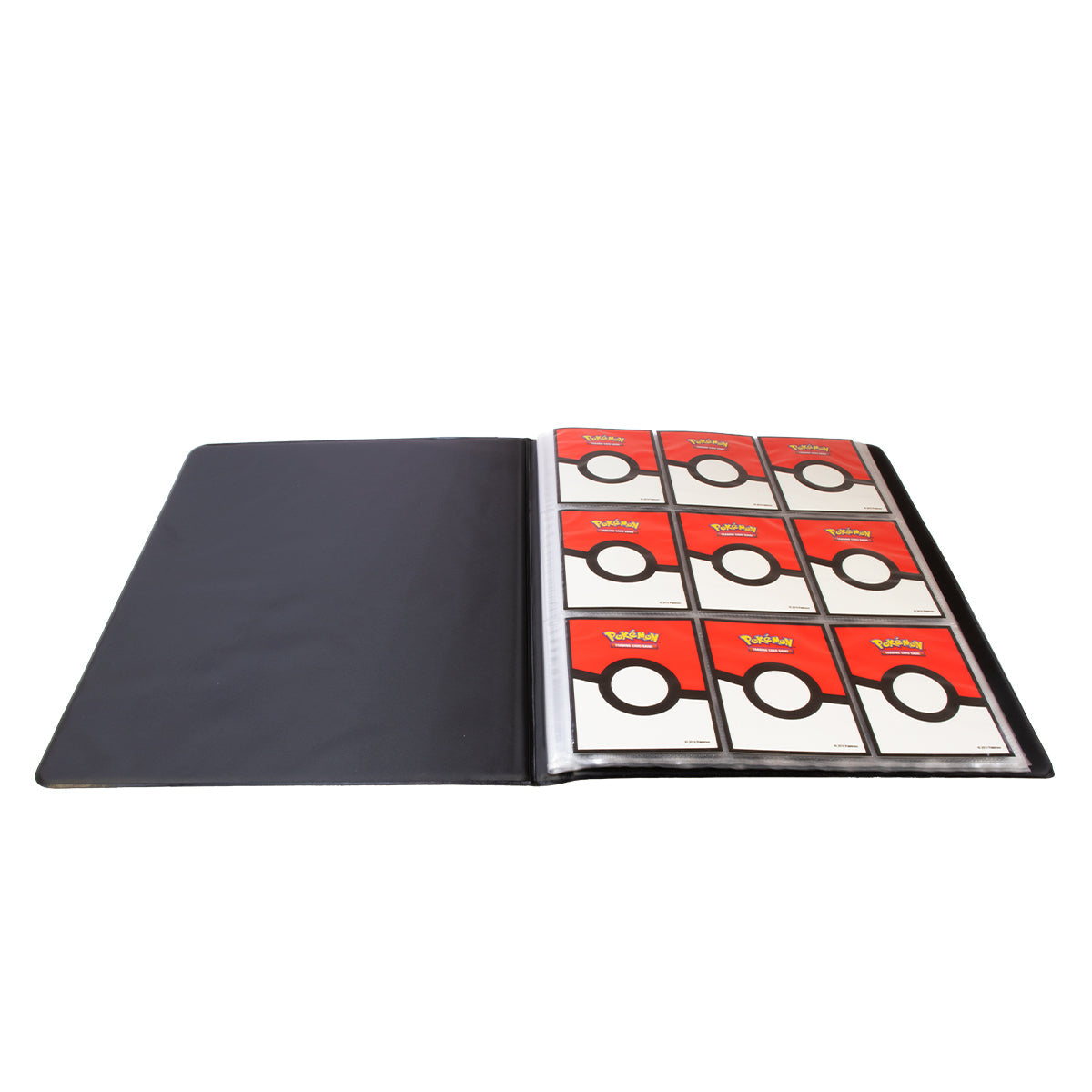An open black Pokemon Portfolio displaying nine cards with red and white Pokeball backs