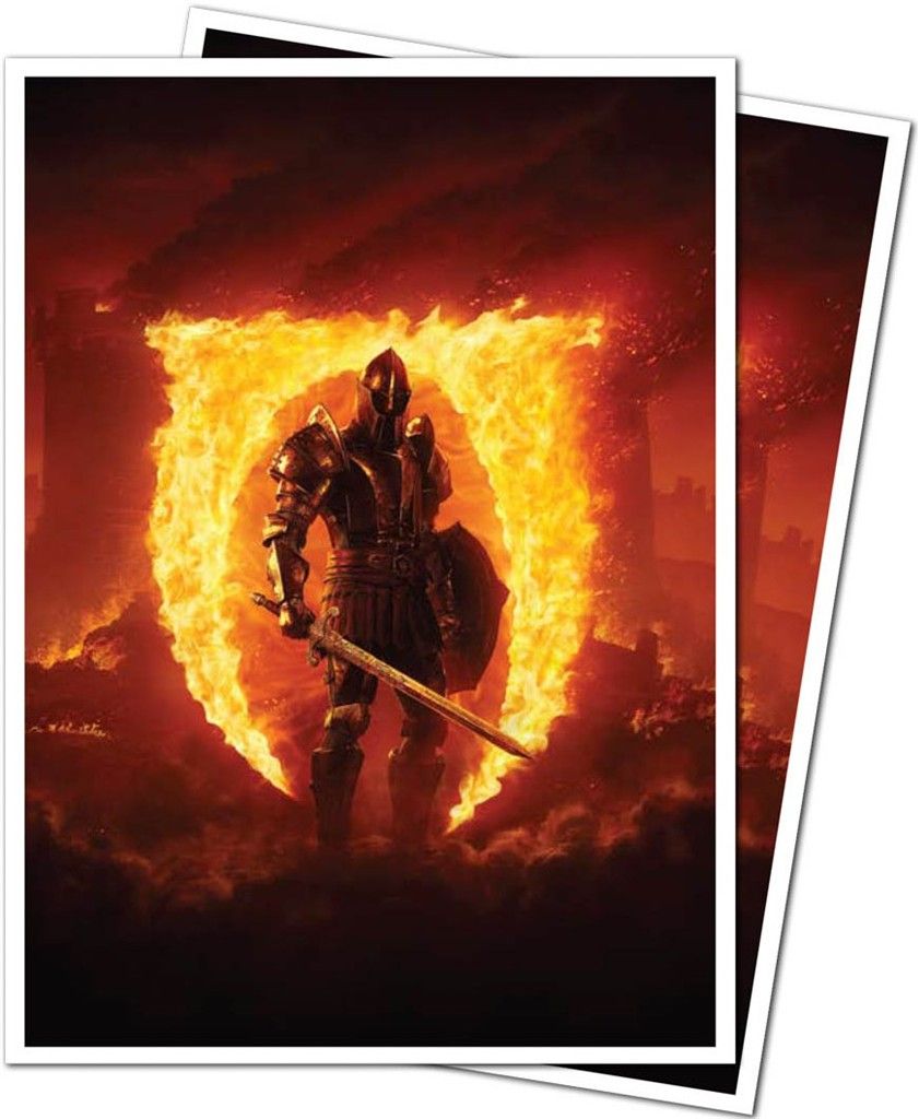 Armored knight with sword and shield standing inside a fiery Oblivion symbol. Dark fantasy video game poster art