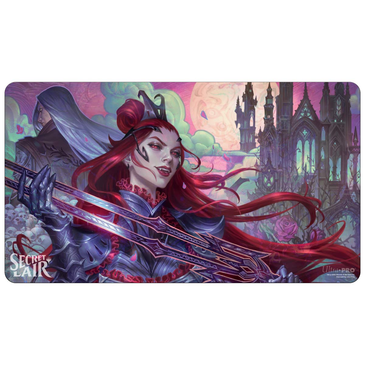 A Secret Lair Playmat featuring a red-haired vampire woman in armor with fangs and a sword, a cloaked figure, a castle, and a pink sky with a moon