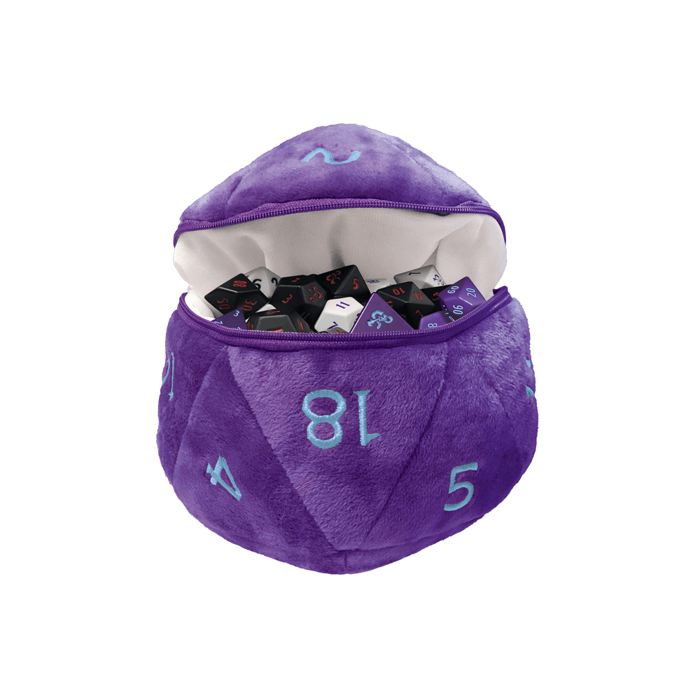 Open plush purple D20 dice pouch filled with black and white polyhedral gaming dice