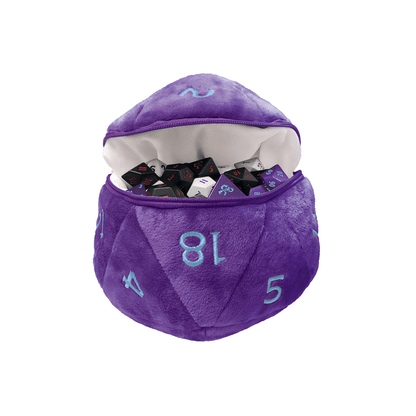 Open plush purple D20 dice pouch filled with black and white polyhedral gaming dice