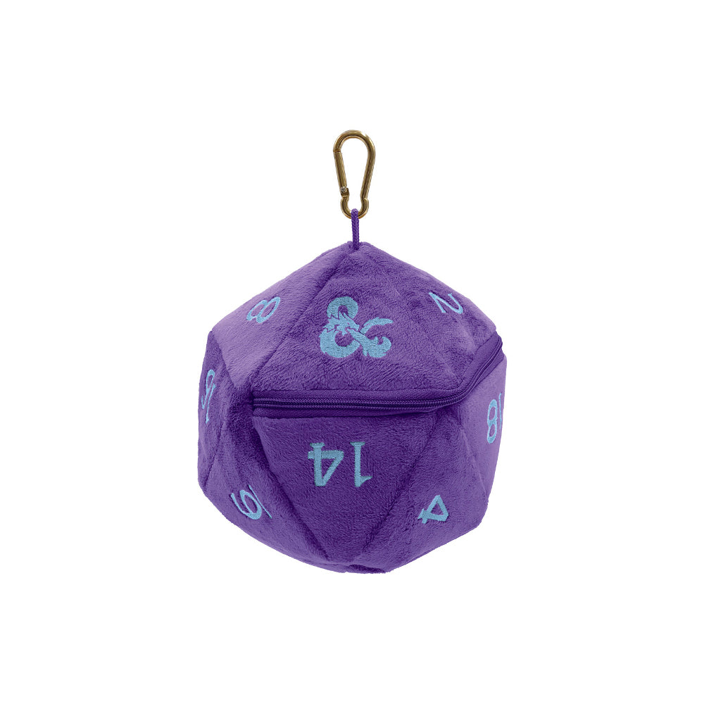Purple plush D20 dice bag pouch with light blue D&D logo, zipper, and carabiner clip