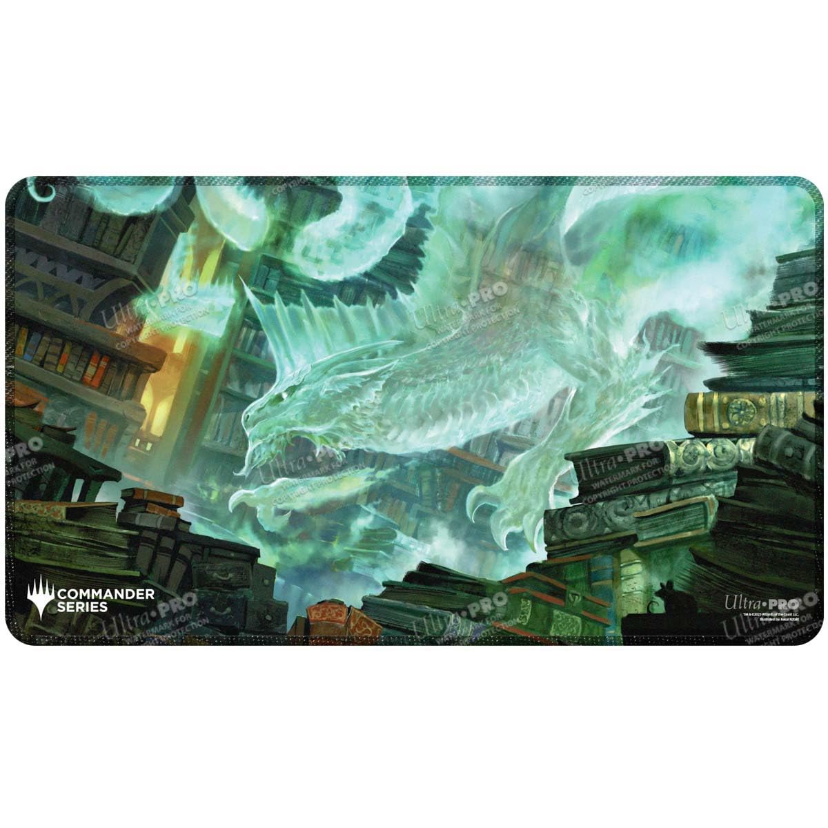 An Ultra Pro Miirym Commander Series playmat featuring a vibrant ghostly white-green dragon soaring above massive piles of books with a black stitched border