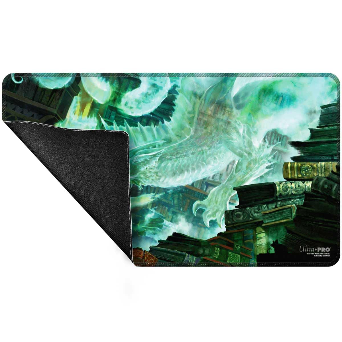 Miirym MtG stitched playmat artwork of a shimmering green dragon in a library environment, revealing the black rubber backing in the lifted corner