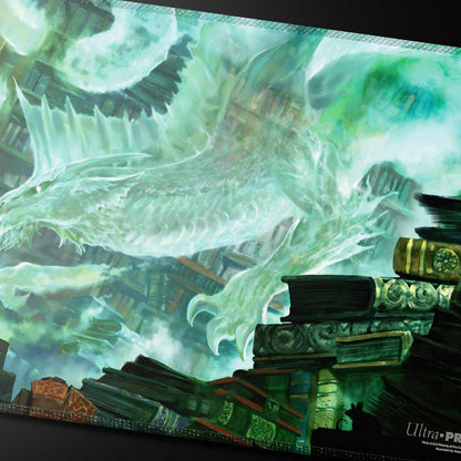 The Miirym MtG Stitched Edge Playmat displays an illuminated, spectral green dragon hovering above a huge collection of antique books in a library scene