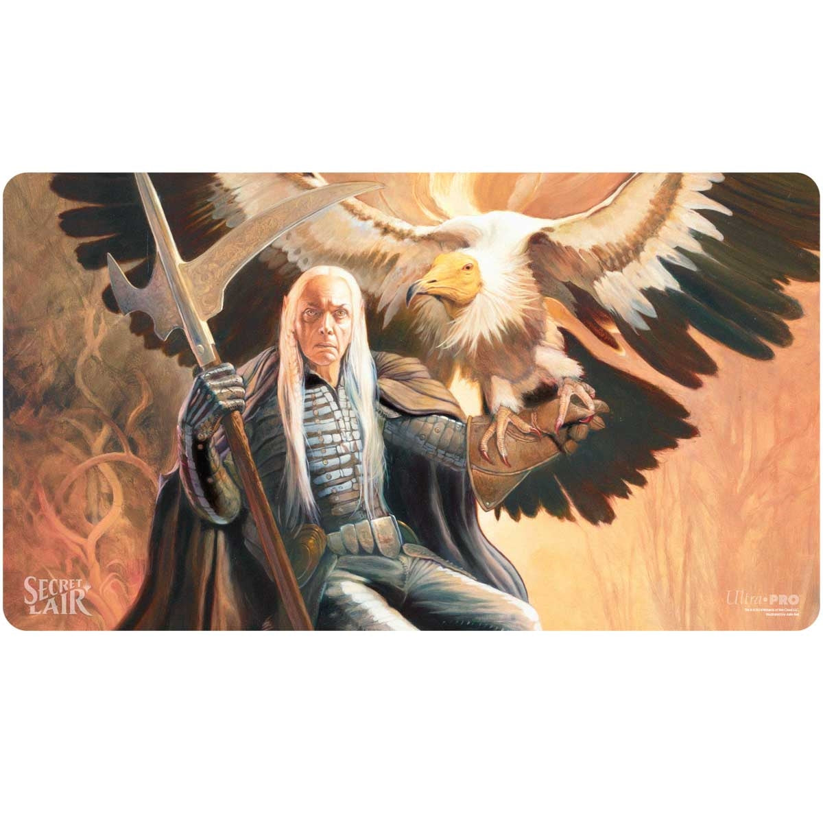 Elves of Deep Shadow Playmat showing a pale-haired elf holding a scythe with a large white vulture perched on their armored arm