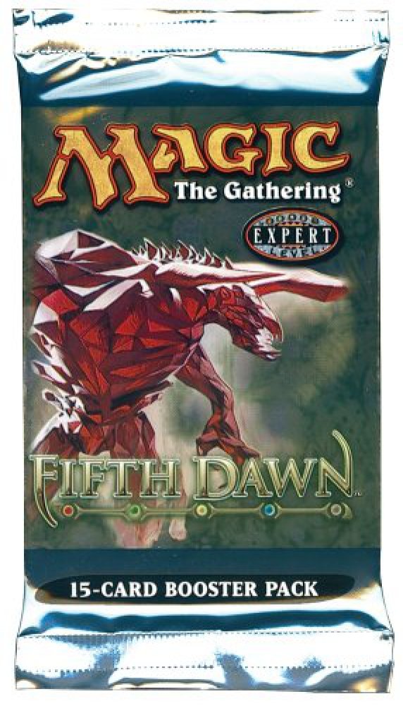 A Magic The Gathering Fifth Dawn Booster Pack showing a red polygonal creature on a dark background