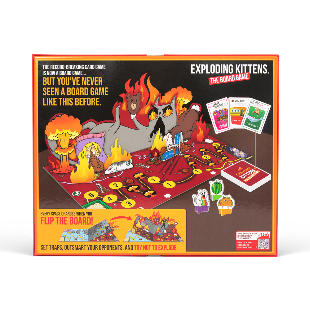 Exploding Kittens Board Game box back showing chaotic artwork of an angry cat, fire, explosions, and game components