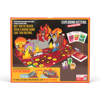 Exploding Kittens Board Game box back showing chaotic artwork of an angry cat, fire, explosions, and game components