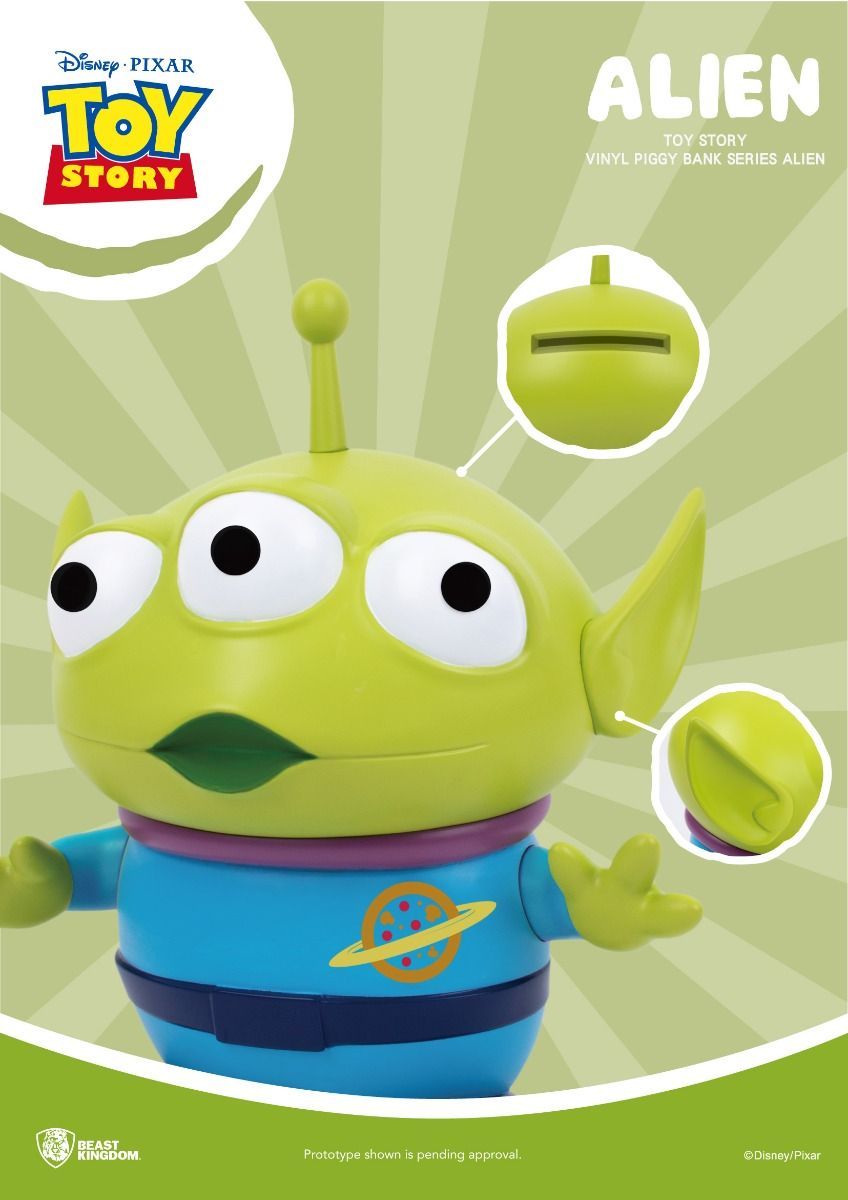 Toy Story Alien Vinyl Piggy Bank in green and blue with three eyes and antenna showing coin slot and stopper details