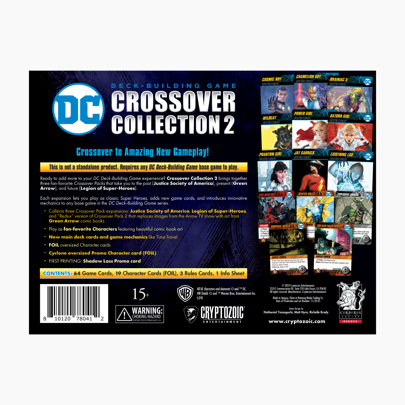 Front of the DC Deck-Building Game: Crossover Collection 2 box, featuring DC comic heroes and game cards