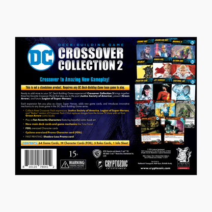 Front of the DC Deck-Building Game: Crossover Collection 2 box, featuring DC comic heroes and game cards
